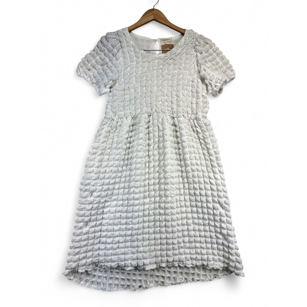 Shop‎ Stevie White Textured Midi Dress L Puff Sleeve